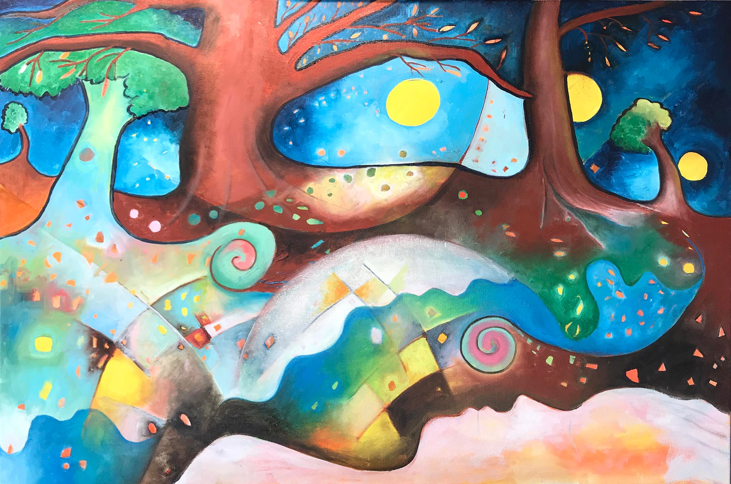 Colourful abstract artwork with trees and organic shapes