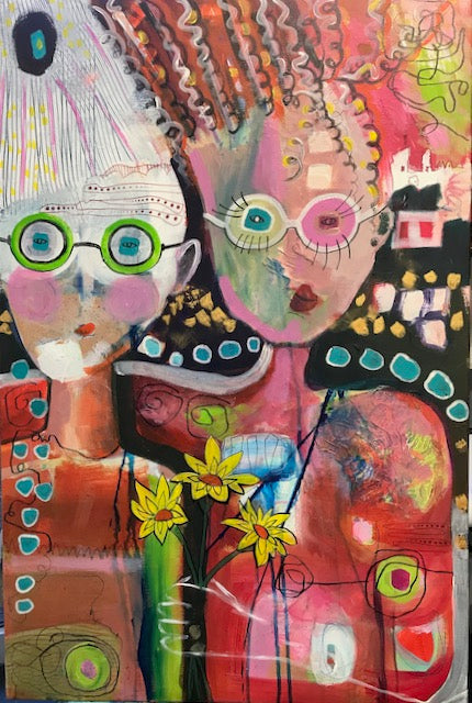Abstract artwork with two stylized figures and colorful patterns