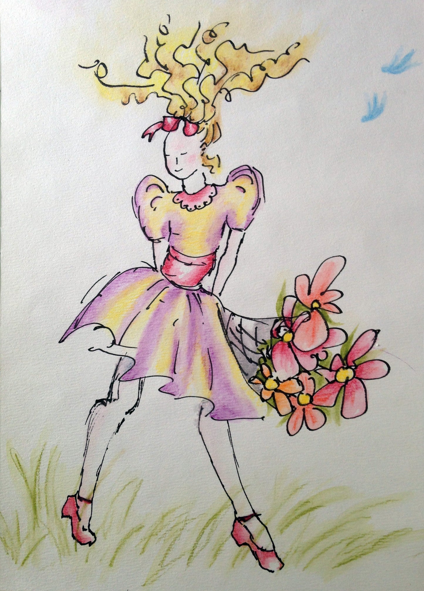 Colorful illustration of a young girl with large red and orange flowers on a light background