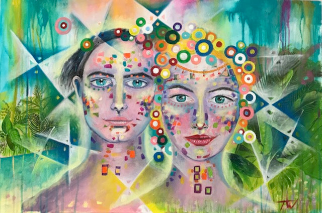 Abstract artwork of two faces with colorful patterns, surrounded by nature elements.